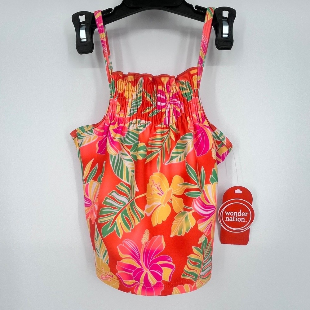 NWT Wonder Nation Girls 4T Tankini Swimsuit Set Tropical Floral Pink Glowstick